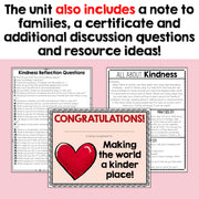 Educational materials including a certificate, reflection questions, and discussion questions on kindness with a pink background.