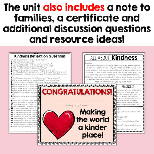 Educational materials including a certificate, reflection questions, and discussion questions on kindness with a pink background.