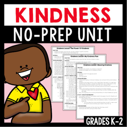 Kindness educational resource with a child holding a heart and lesson plans on a pink background.
