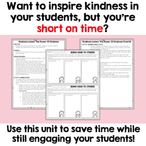 Educational materials on a pink background with text about inspiring kindness in students.