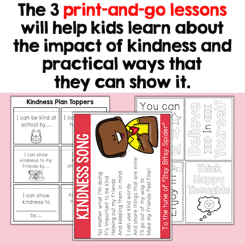 Educational materials for teaching kindness with text and graphics on a pink background