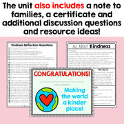 Educational materials on kindness with reflection questions, a certificate, and promotional text on a pink background.