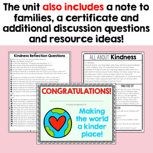Educational materials on kindness with reflection questions, a certificate, and promotional text on a pink background.