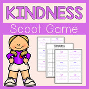 Kindness Scoot Game cover with a cartoon girl and game cards on a purple background