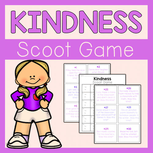 Kindness Scoot Game cover with a cartoon girl and game cards on a purple background