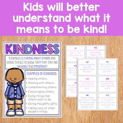 Educational materials on kindness with a poster and cards on a wooden surface.