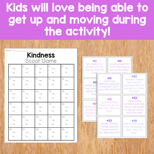 Kindness Scoot Game with answer cards on a wooden surface