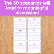 Educational cards with scenarios on a wooden surface and purple background