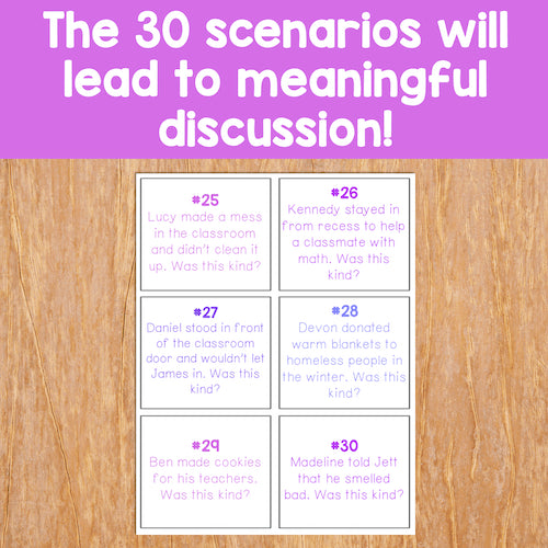 Educational cards with scenarios on a wooden surface and purple background