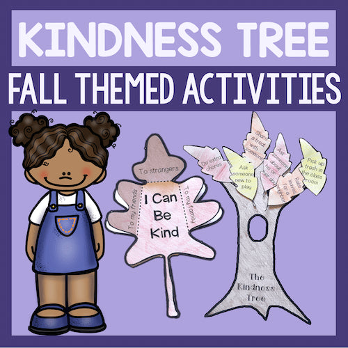 Kindness tree activity set with a child figure and tree on a purple background