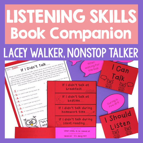 Listening Skills Book Companion by Lacey Walker with educational materials on a pink and purple background