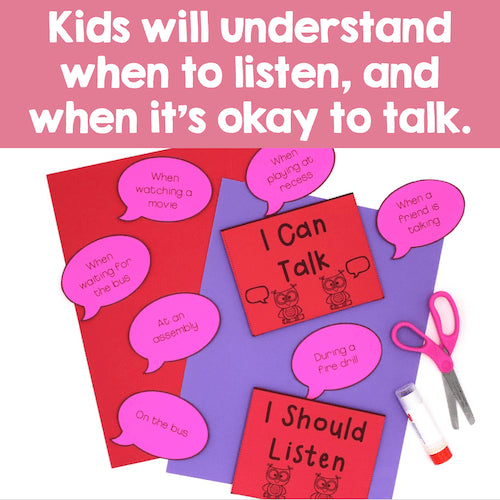 Educational materials for teaching children about listening and talking, with speech bubbles and a red marker on a pink background.