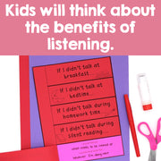 Educational worksheet on a purple background with text and stationery items.