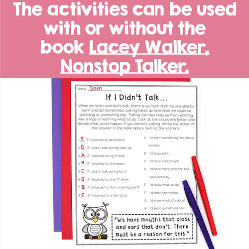 Worksheet titled 'If I Didn't Talk' with an owl illustration and text, placed on a pink background.