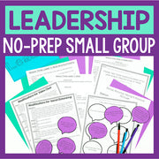 Leadership no-prep small group materials with text and documents on a purple background
