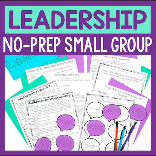 Leadership no-prep small group materials with text and documents on a purple background