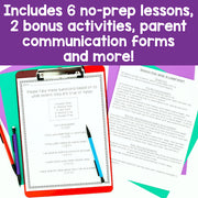 Educational materials with text about no-prep lessons and bonus activities on a colorful background