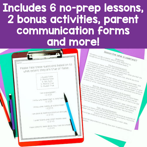 Educational materials with text about no-prep lessons and bonus activities on a colorful background