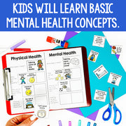 Educational materials on mental health with a clipboard and colorful tools on a blue background.