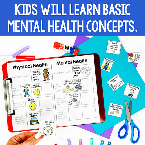Educational materials on mental health with a clipboard and colorful tools on a blue background.