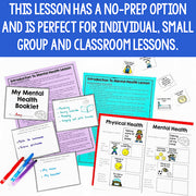 Educational materials on mental health with text about no-prep options for lessons.