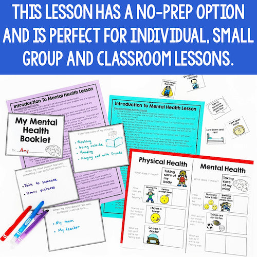 Educational materials on mental health with text about no-prep options for lessons.