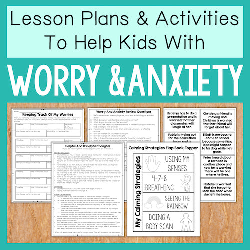 Educational materials for helping kids with worry and anxiety on a teal background