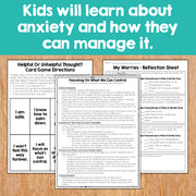Educational materials on anxiety management for children displayed on a wooden surface with a teal background.