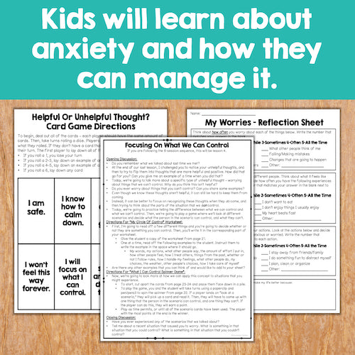 Educational materials on anxiety management for children displayed on a wooden surface with a teal background.