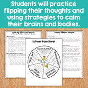 Educational materials on a wooden surface with text about practicing thoughts and strategies to calm brains and bodies.