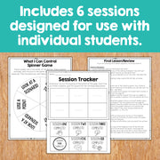 Educational materials for individual student sessions on a wooden surface with text overlay.