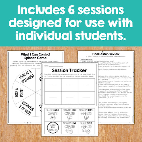 Educational materials for individual student sessions on a wooden surface with text overlay.