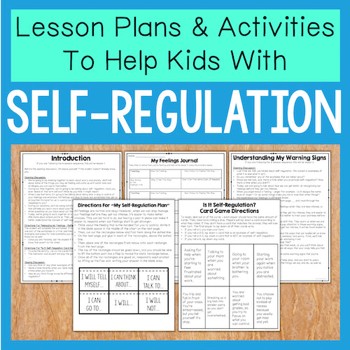 Educational materials for self-regulation with text overlay on a blue background