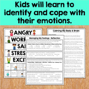 Educational materials on managing emotions with text 'Kids will learn to identify and cope with their emotions' on a wooden surface.