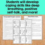 Educational materials on coping skills with text overlay on a wooden surface.