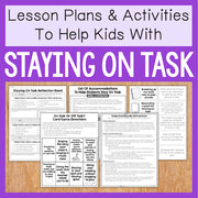 Collection of educational materials on a wooden surface with a purple border and text about helping kids stay on task.