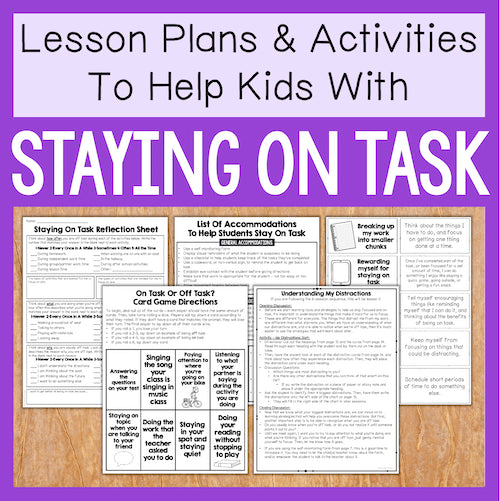 Collection of educational materials on a wooden surface with a purple border and text about helping kids stay on task.