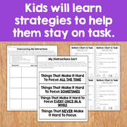 Educational materials on a wooden surface with text about helping kids stay on task.