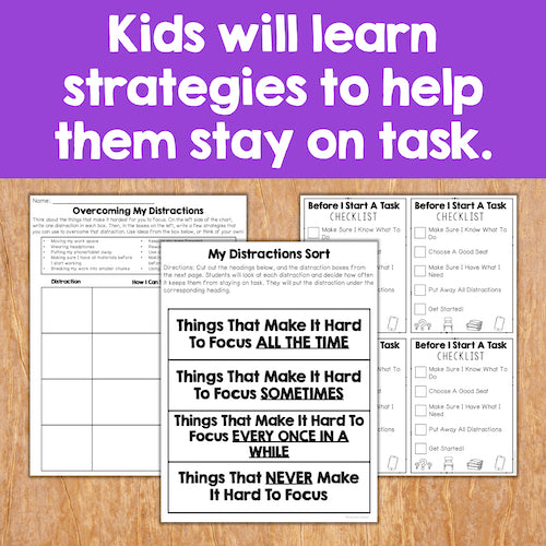 Educational materials on a wooden surface with text about helping kids stay on task.