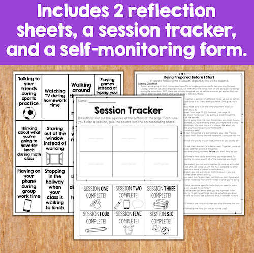 Educational materials including reflection sheets, a session tracker, and a self-monitoring form on a wooden surface with a purple banner.