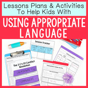 Educational materials and worksheets for teaching appropriate language to children, with a colorful border.