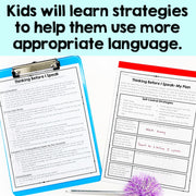 Educational worksheets on a clipboard with text about learning appropriate language.