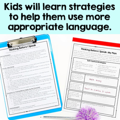 Educational worksheets on a clipboard with text about learning appropriate language.