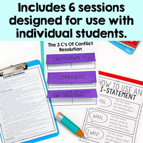 Educational materials on conflict resolution with text overlay