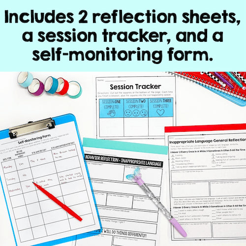 Educational materials including reflection sheets, a session tracker, and a self-monitoring form with stationery items on a white background.