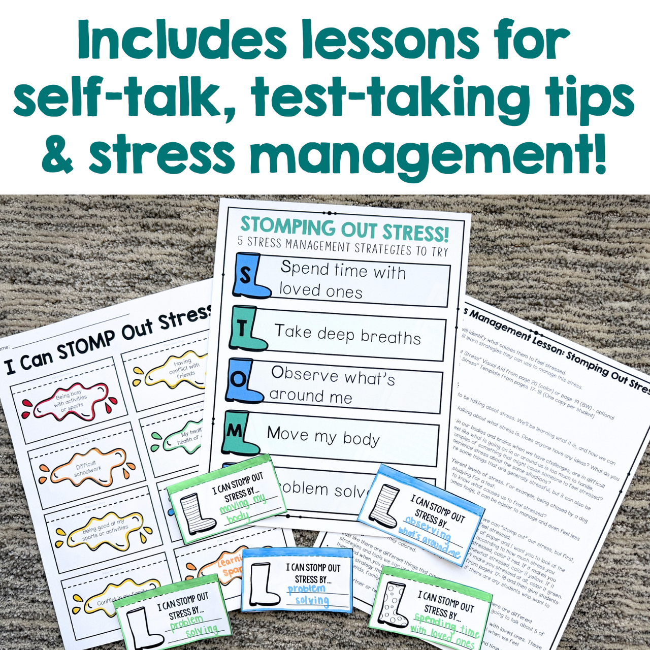Educational materials on stress management for children, including posters and cards, on a textured surface.
