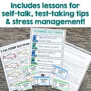 Educational materials on stress management for children, including posters and cards, on a textured surface.