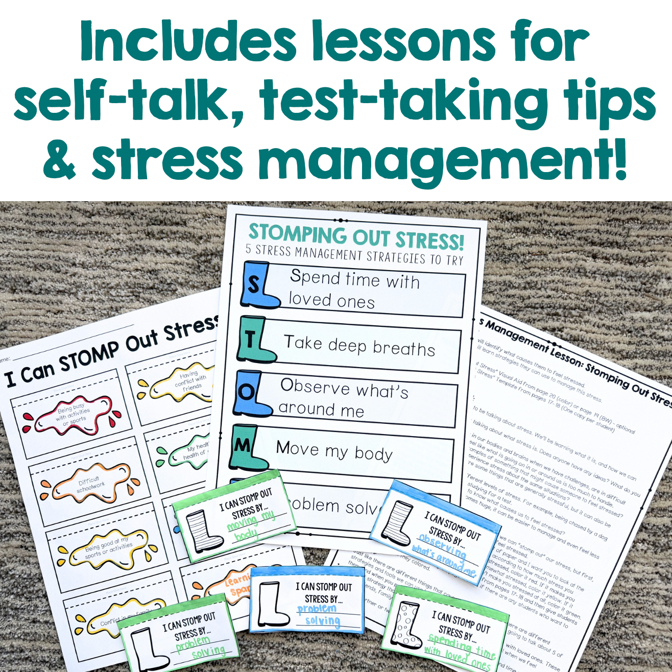 Educational materials on stress management for children, including posters and cards, on a textured surface.