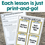Educational materials including a worksheet and cards titled 'My Testing Game Plan' on a textured surface.
