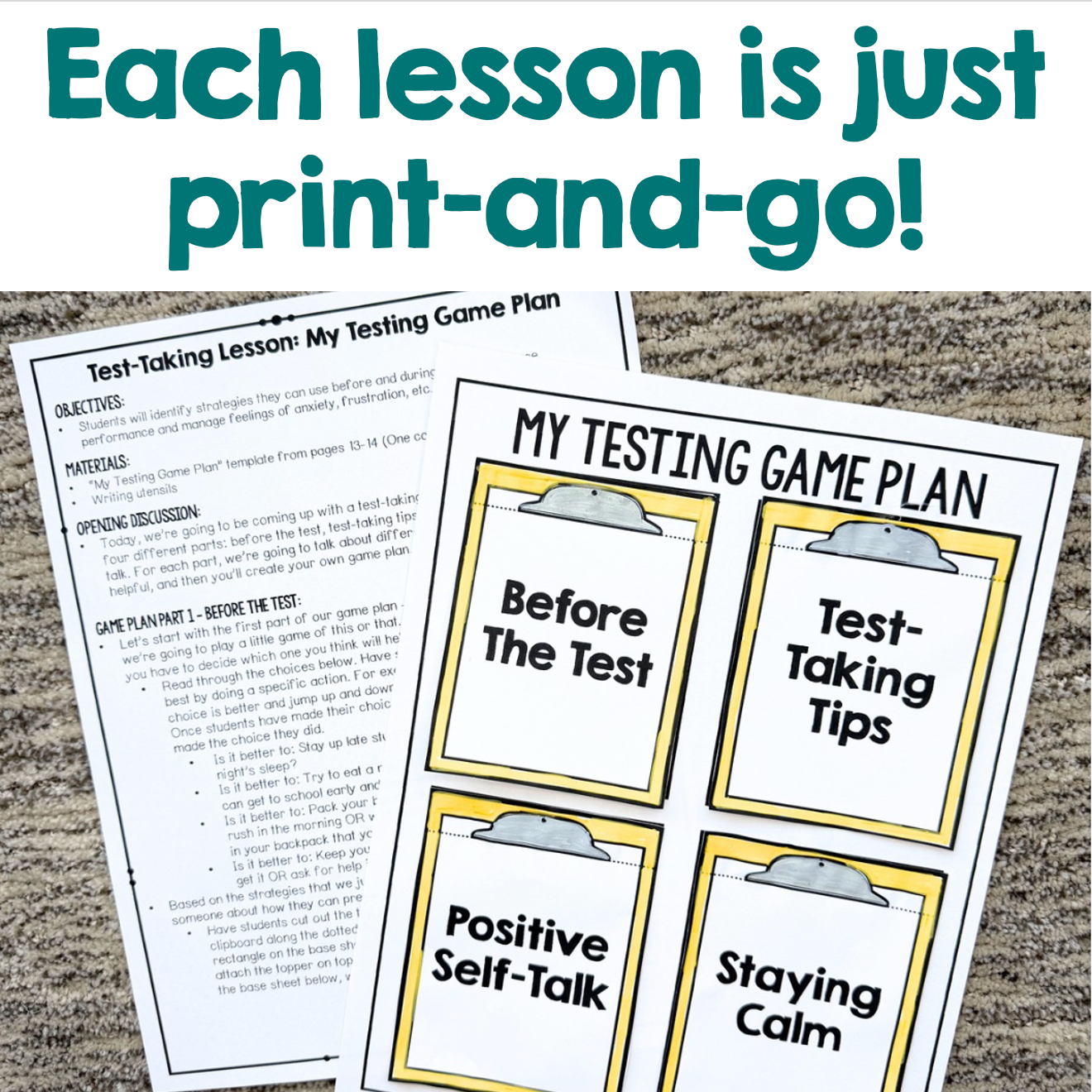 Educational materials including a worksheet and cards titled 'My Testing Game Plan' on a textured surface.